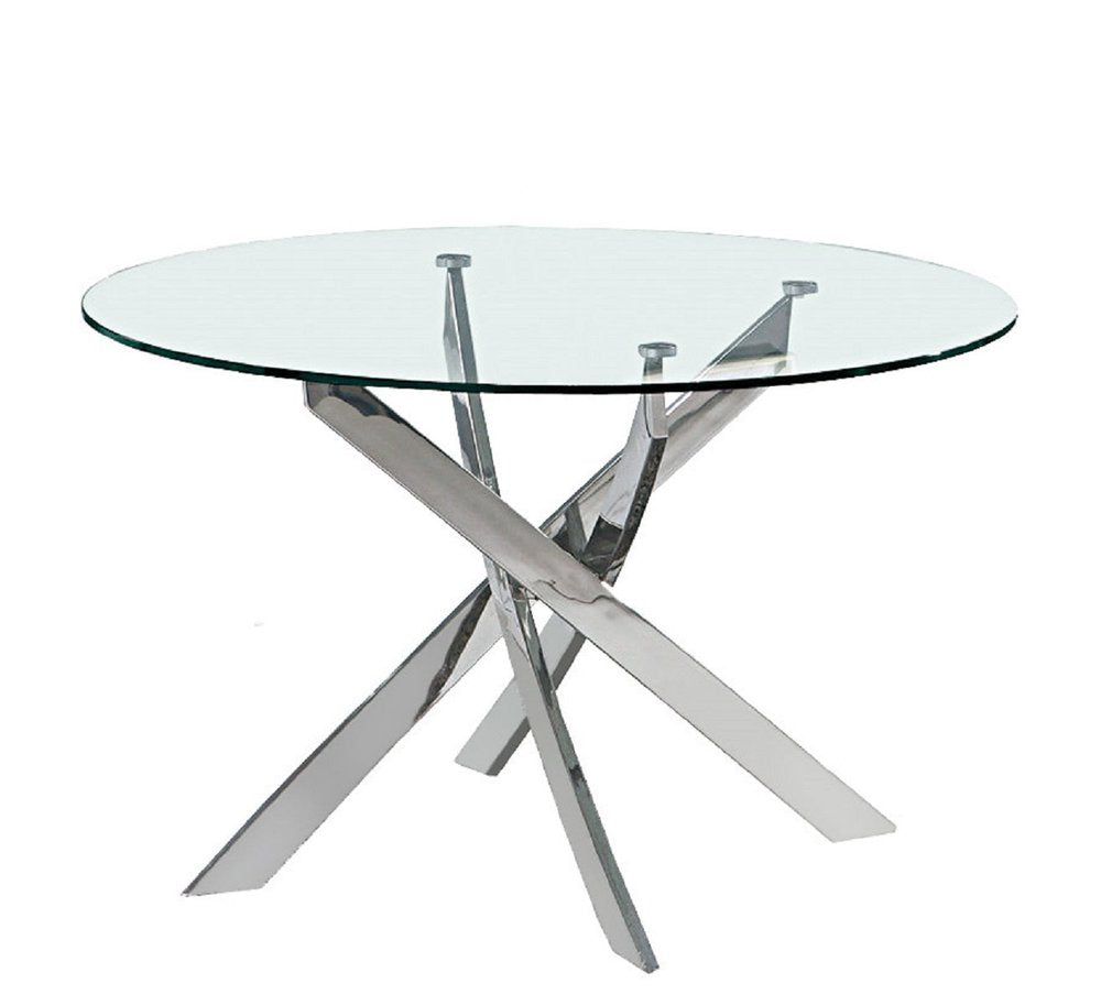 48" Clear and Silver Glass and Metal Cross Leg Base Round Top Dining Table