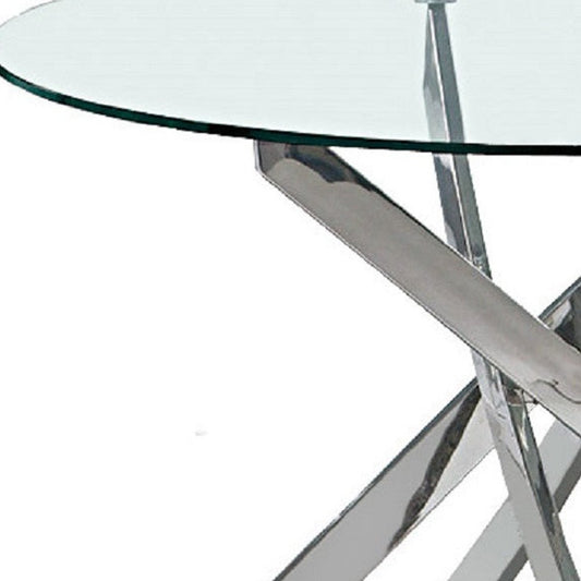 48" Clear and Silver Glass and Metal Cross Leg Base Round Top Dining Table