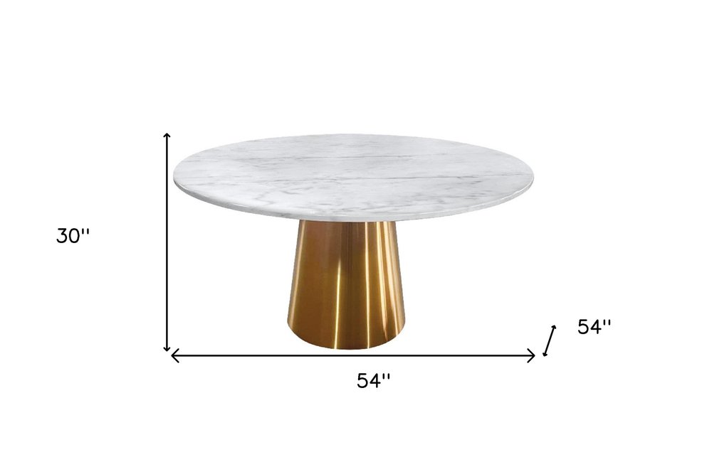 54" Gray White and Gold Marble and Metal Pedestal Base Round Top Dining Table