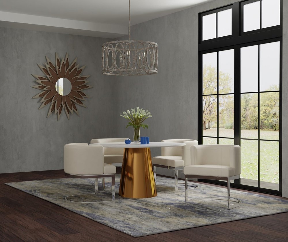 54" Gray White and Gold Marble and Metal Pedestal Base Round Top Dining Table