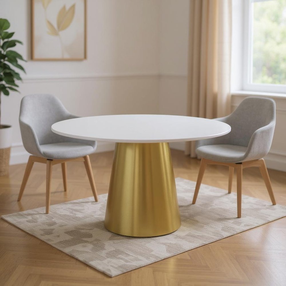 54" Gray White and Gold Marble and Metal Pedestal Base Round Top Dining Table
