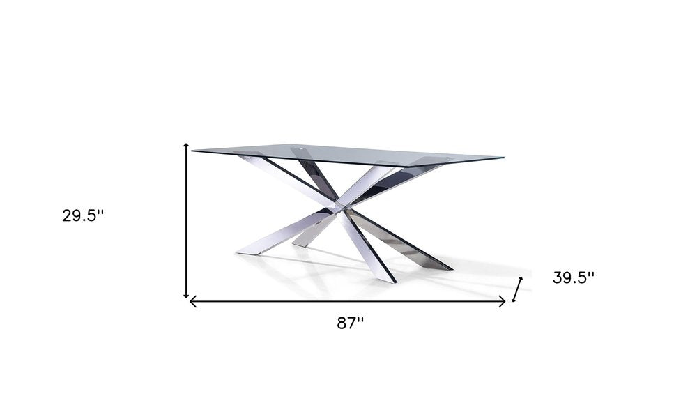87" Clear and Silver Glass and Metal Cross Leg Base Dining Table