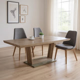 71" Gray Wood and Metal Self-Storing Leaf Pedestal Base Extendable Dining Table