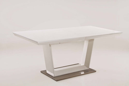 71" White Wood and Metal Self-Storing Leaf Pedestal Base Extendable Dining Table