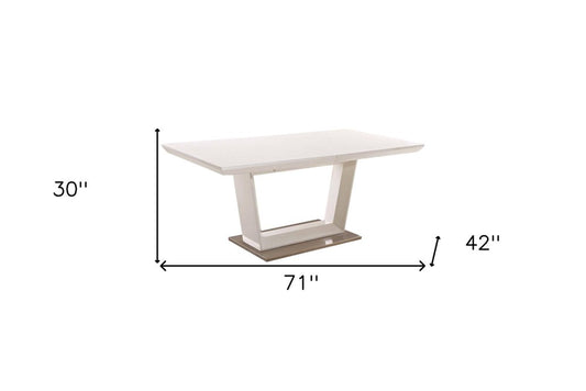 71" White Wood and Metal Self-Storing Leaf Pedestal Base Extendable Dining Table