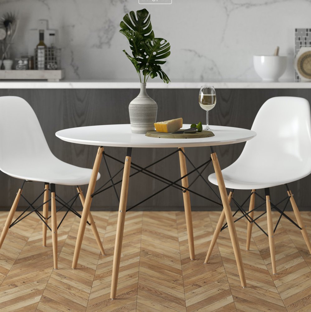 36" White and Natural Wood Round Top Dining Table