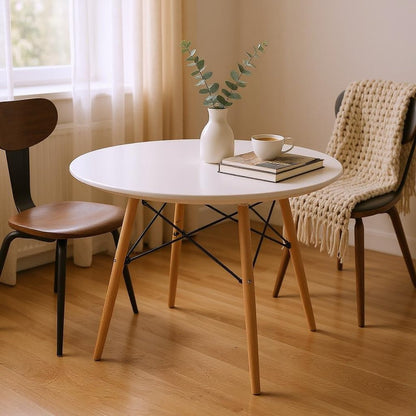 36" White and Natural Wood Round Top Dining Table