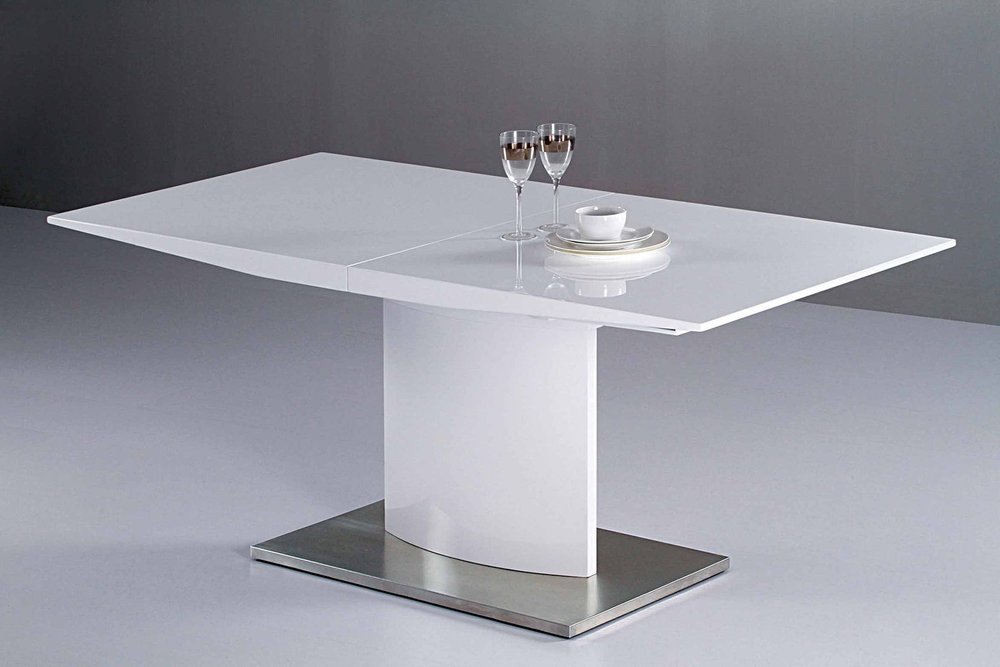 63" White Wood And Metal Self-Storing Leaf Pedestal Base Extendable Dining Table