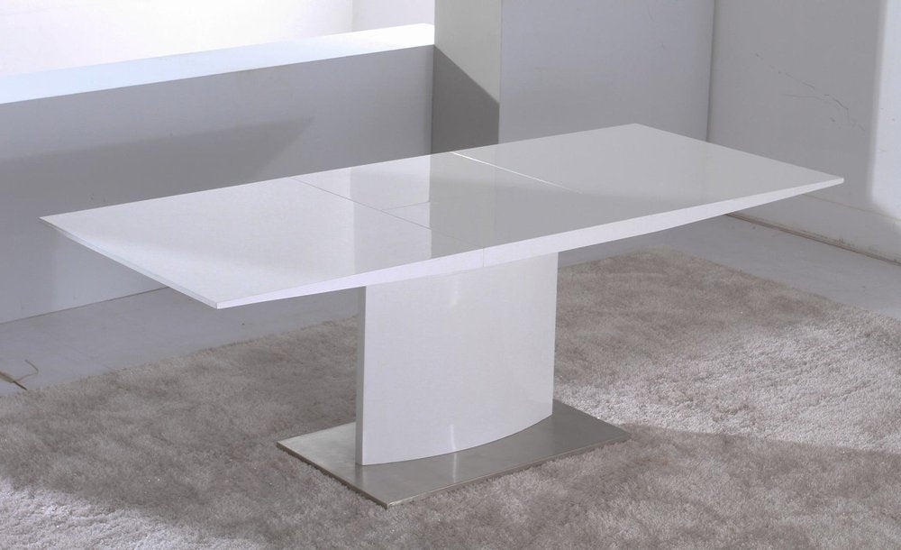 63" White Wood And Metal Self-Storing Leaf Pedestal Base Extendable Dining Table