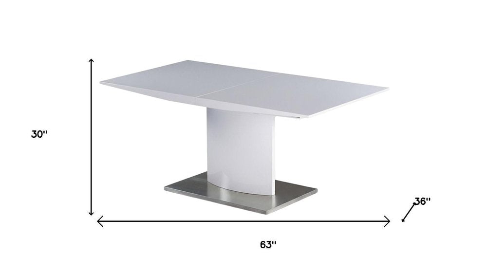 63" White Wood And Metal Self-Storing Leaf Pedestal Base Extendable Dining Table
