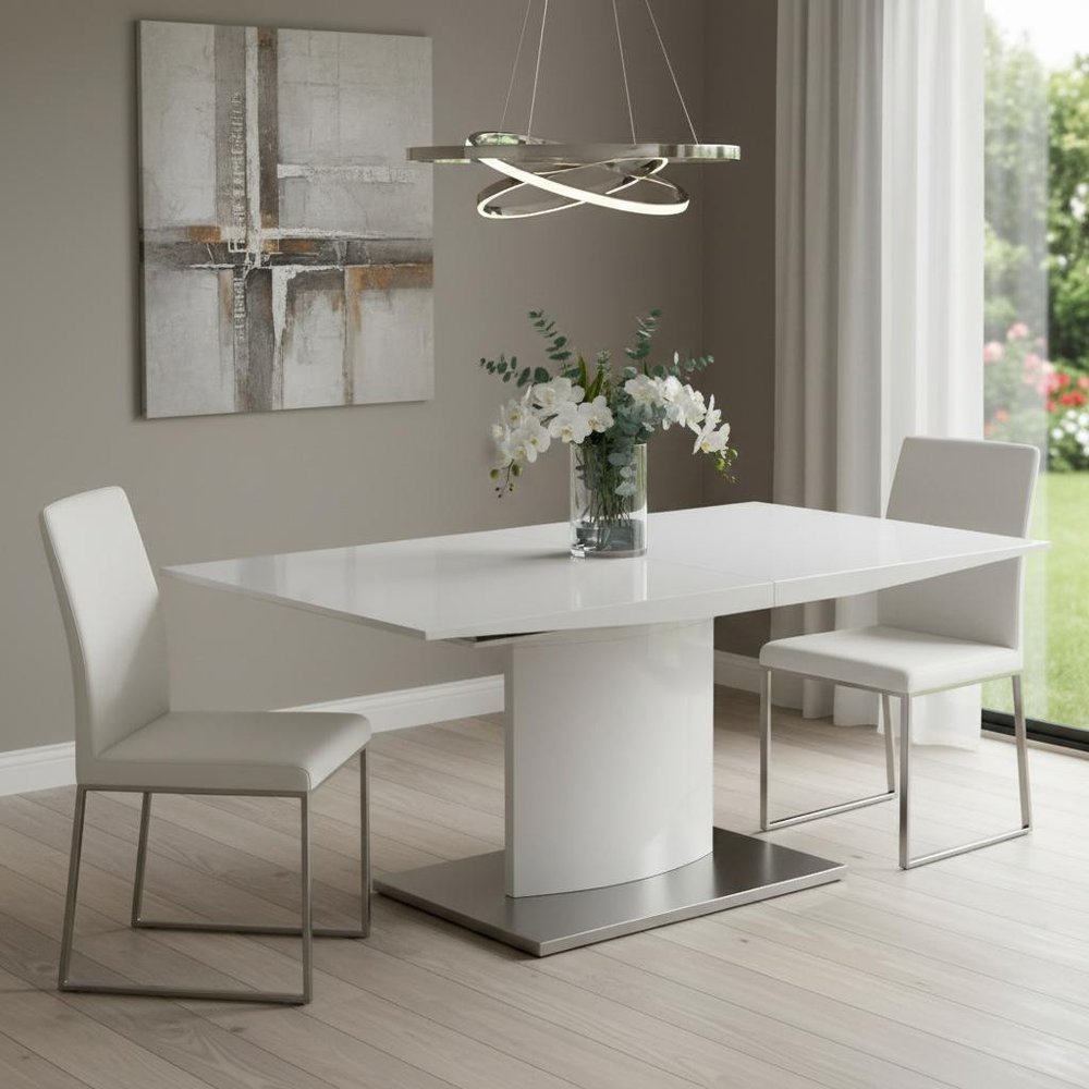63" White Wood And Metal Self-Storing Leaf Pedestal Base Extendable Dining Table