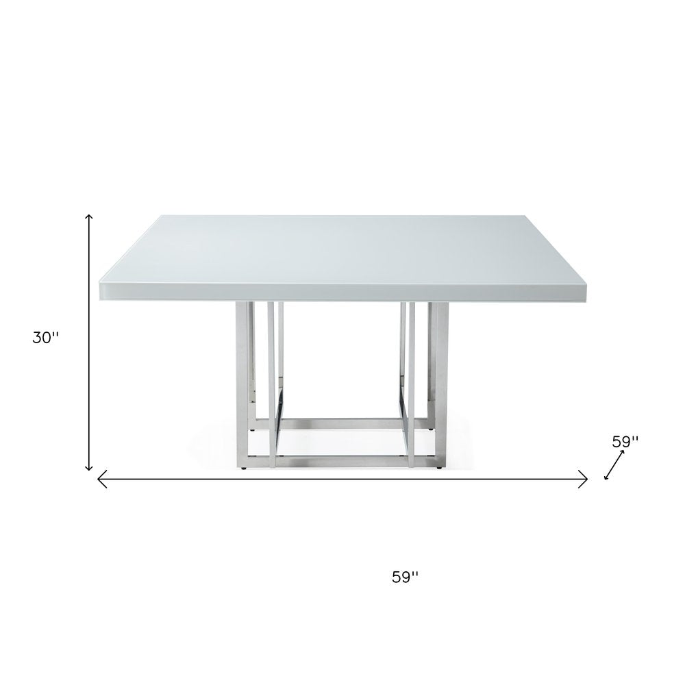 59" White and Silver Wood and Metal Pedestal Base Square Dining Table