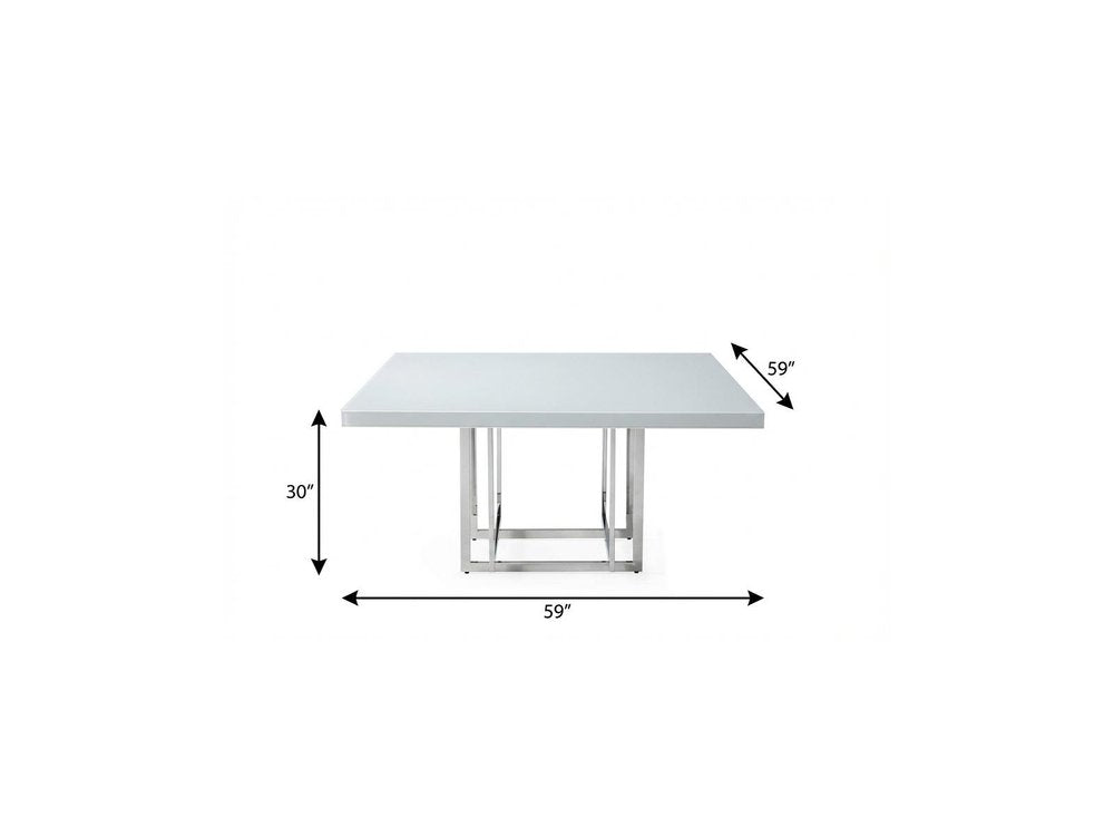 59" White and Silver Wood and Metal Pedestal Base Square Dining Table
