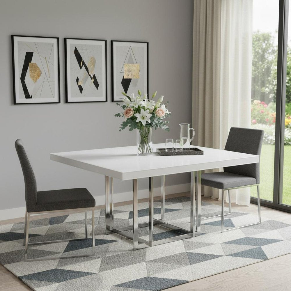 59" White and Silver Wood and Metal Pedestal Base Square Dining Table