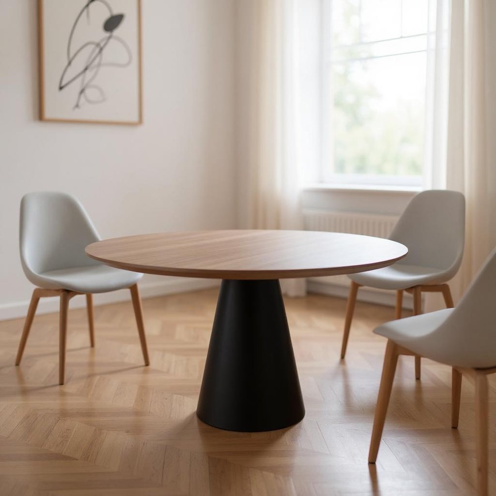 48" Brown and Black Wood and Metal Pedestal Base Round Top Dining Table