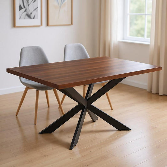 81" Brown and Black Wood and Metal Cross Leg Base Dining Table