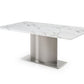 72" Gray White and Silver Marble and Stainless Steel Pedestal Base Dining Table