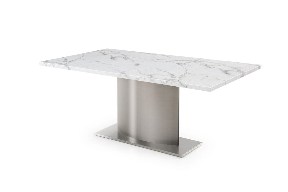 72" Gray White and Silver Marble and Stainless Steel Pedestal Base Dining Table