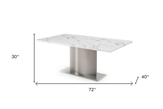 72" Gray White and Silver Marble and Stainless Steel Pedestal Base Dining Table