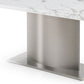 72" Gray White and Silver Marble and Stainless Steel Pedestal Base Dining Table