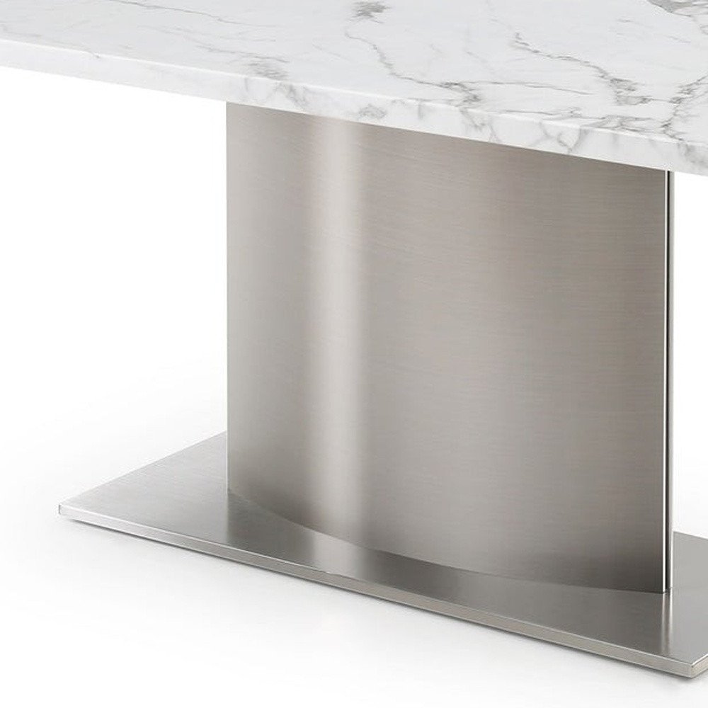 72" Gray White and Silver Marble and Stainless Steel Pedestal Base Dining Table