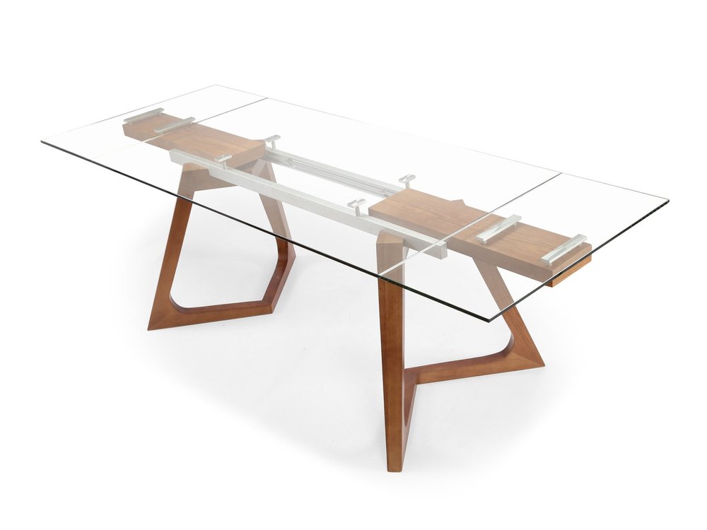 63" Clear And Brown Glass And Metal Self-Storing Leaf Double Pedestal Base Dining Table