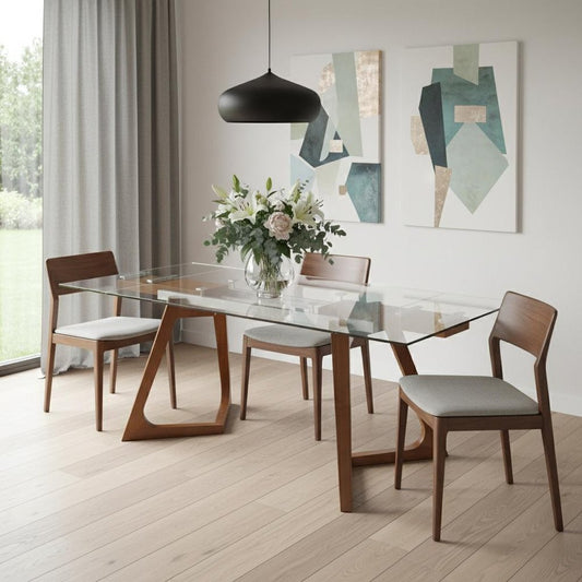 63" Clear And Brown Glass And Metal Self-Storing Leaf Double Pedestal Base Dining Table