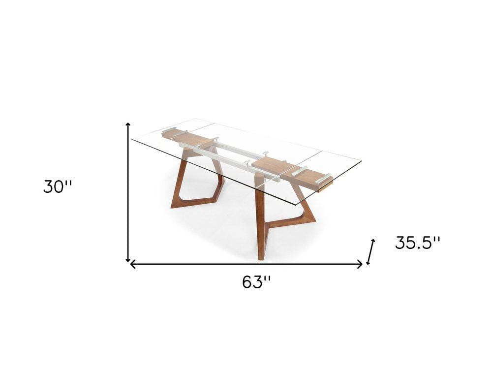 63" Clear And Brown Glass And Metal Self-Storing Leaf Double Pedestal Base Dining Table