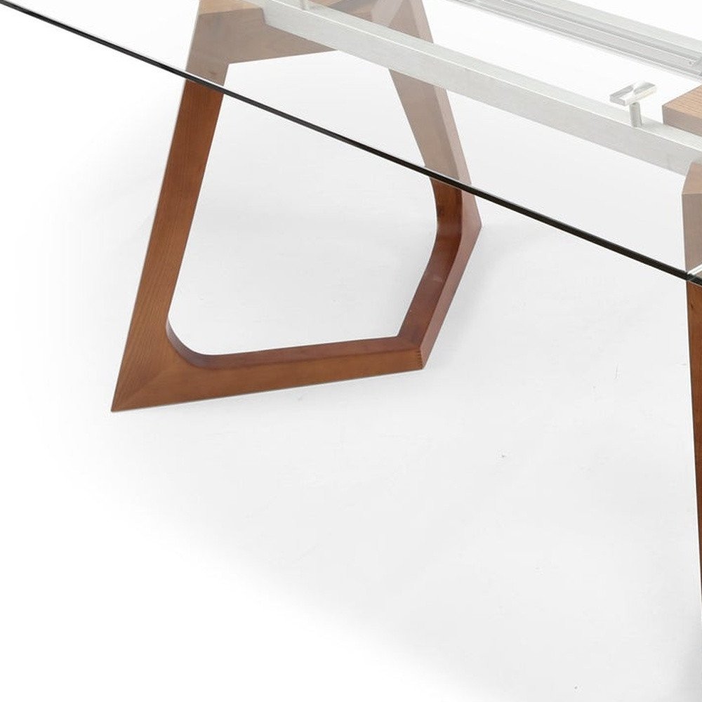 63" Clear And Brown Glass And Metal Self-Storing Leaf Double Pedestal Base Dining Table