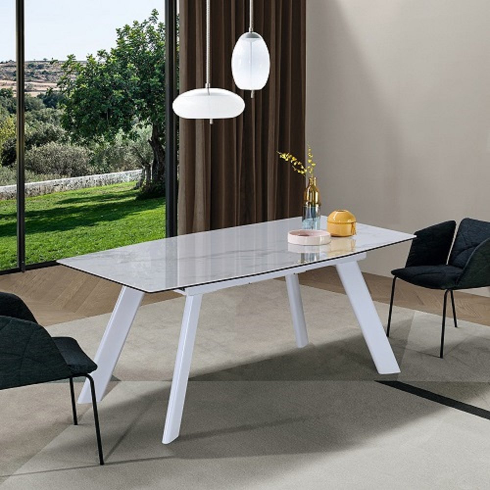 71" Gray and White Ceramic and Metal Self-Storing Leaf Extendable Dining Table