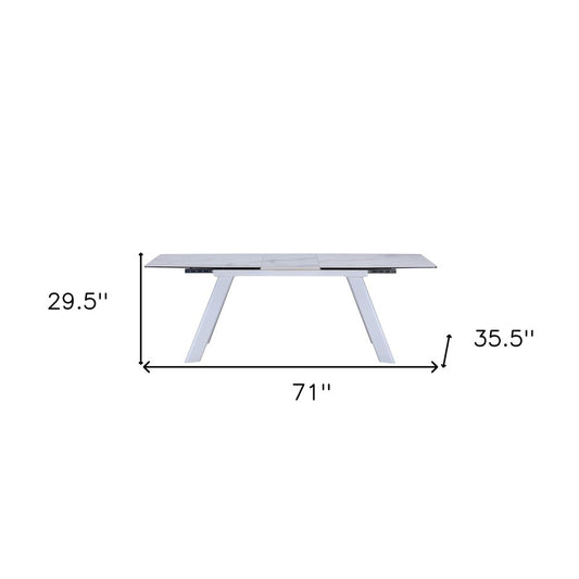 71" Gray and White Ceramic and Metal Self-Storing Leaf Extendable Dining Table