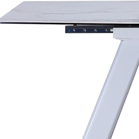 71" Gray and White Ceramic and Metal Self-Storing Leaf Extendable Dining Table