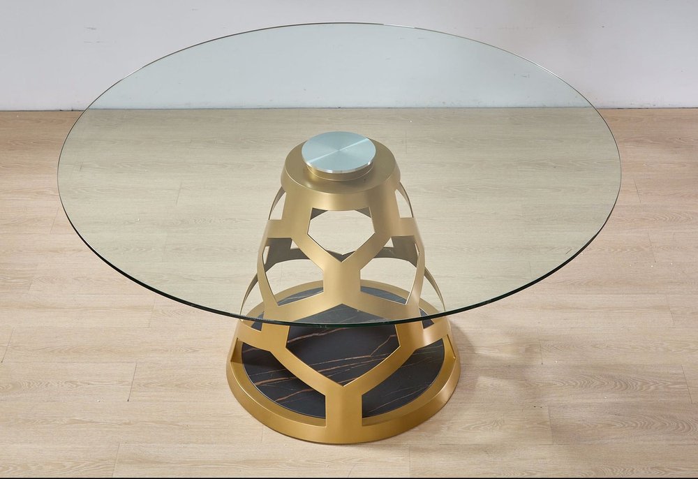 48" Clear And Gold Rounded Glass And Metal Pedestal Base Dining Table