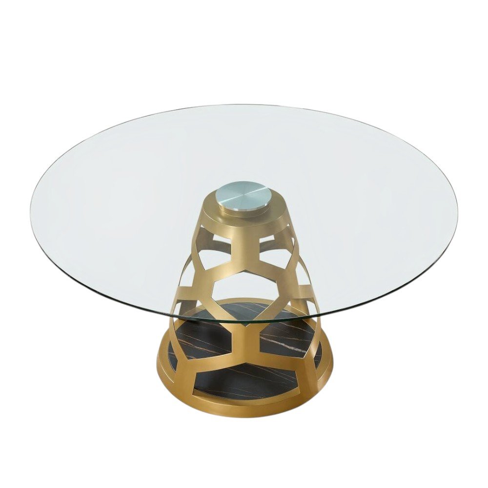 48" Clear And Gold Rounded Glass And Metal Pedestal Base Dining Table