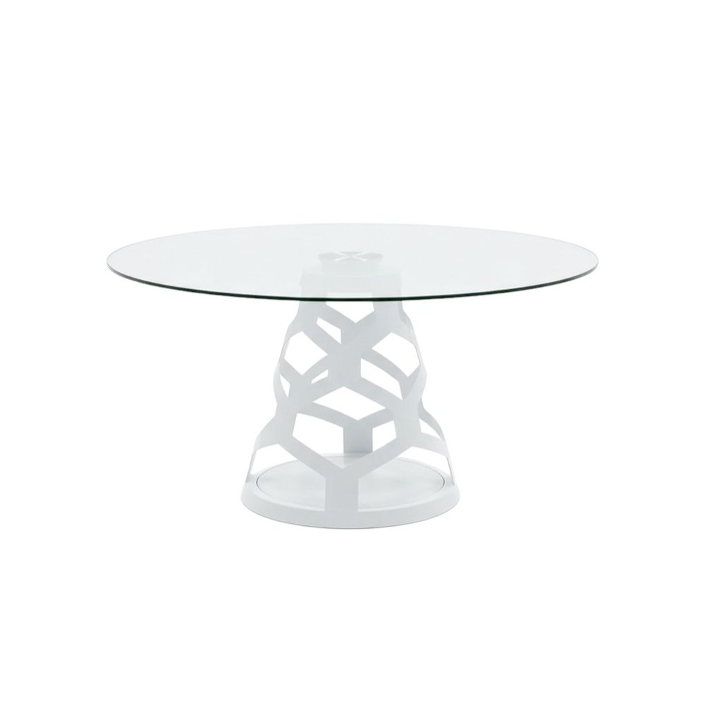 48" Clear And White Rounded Glass And Metal Pedestal Base Dining Table