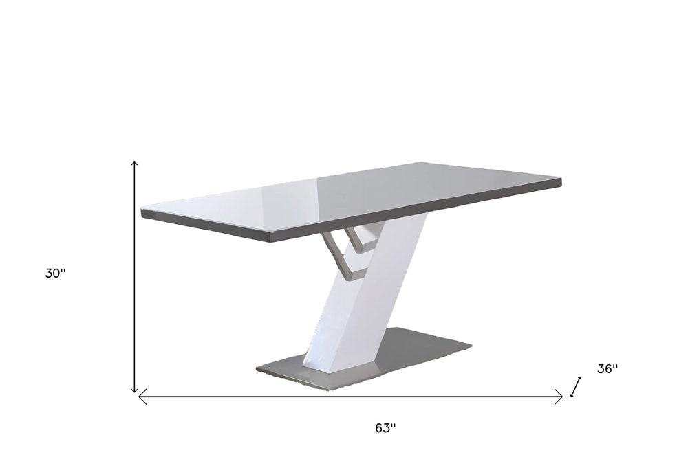 63" White and Silver Wood and Metal Pedestal Base Dining Table