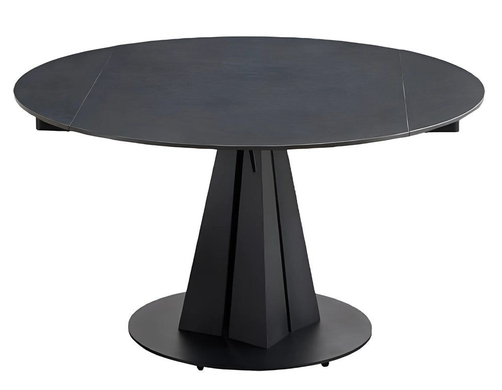 51" Black Stone and Metal Self-Storing Leaf Pedestal Base Round Top Extendable Dining Table