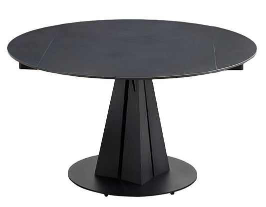 51" Black Stone and Metal Self-Storing Leaf Pedestal Base Round Top Extendable Dining Table