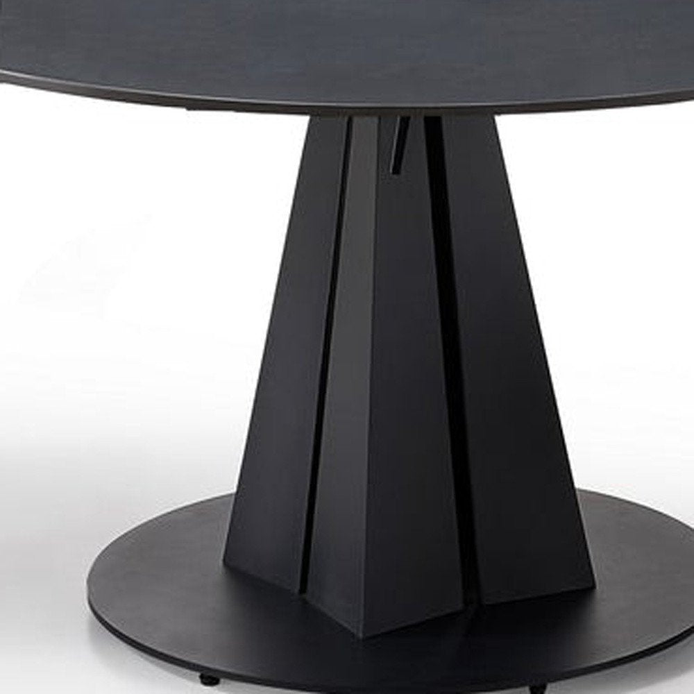 51" Black Stone and Metal Self-Storing Leaf Pedestal Base Round Top Extendable Dining Table