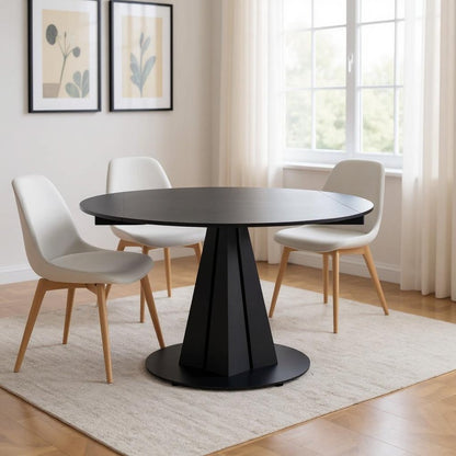 51" Black Stone and Metal Self-Storing Leaf Pedestal Base Round Top Extendable Dining Table