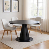51" Black Stone and Metal Self-Storing Leaf Pedestal Base Round Top Extendable Dining Table
