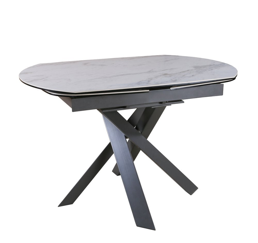 47" Gray and White Ceramic and Metal Self-Storing Leaf Cross Leg Base Oval Extendable Dining Table