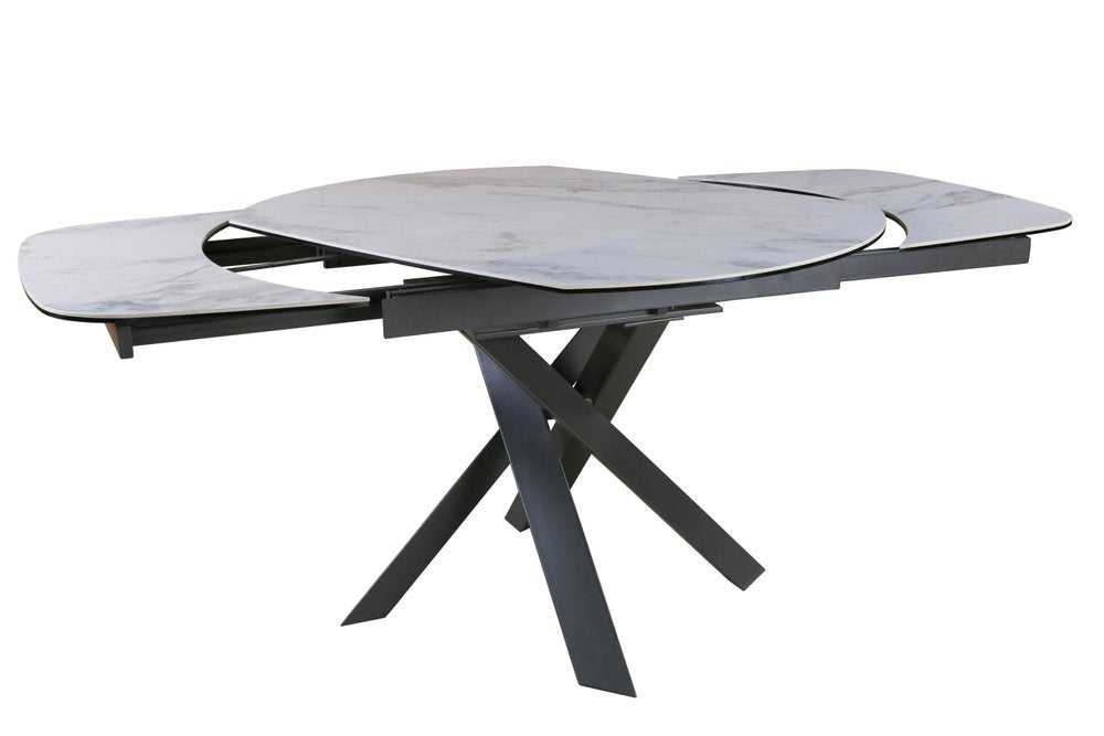 47" Gray and White Ceramic and Metal Self-Storing Leaf Cross Leg Base Oval Extendable Dining Table