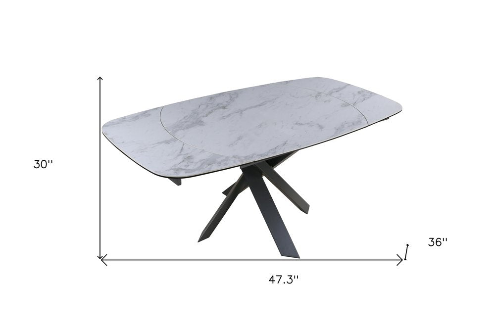 47" Gray and White Ceramic and Metal Self-Storing Leaf Cross Leg Base Oval Extendable Dining Table