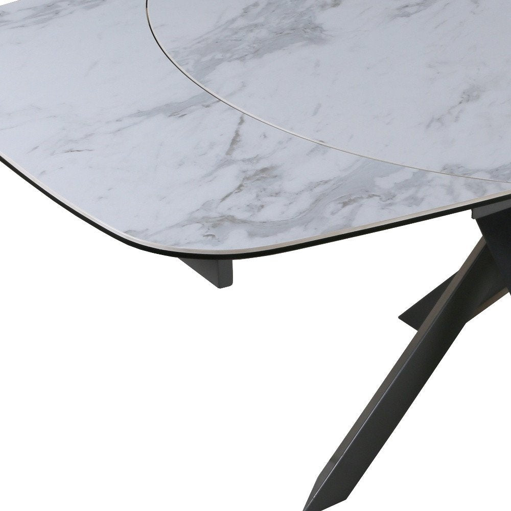 47" Gray and White Ceramic and Metal Self-Storing Leaf Cross Leg Base Oval Extendable Dining Table