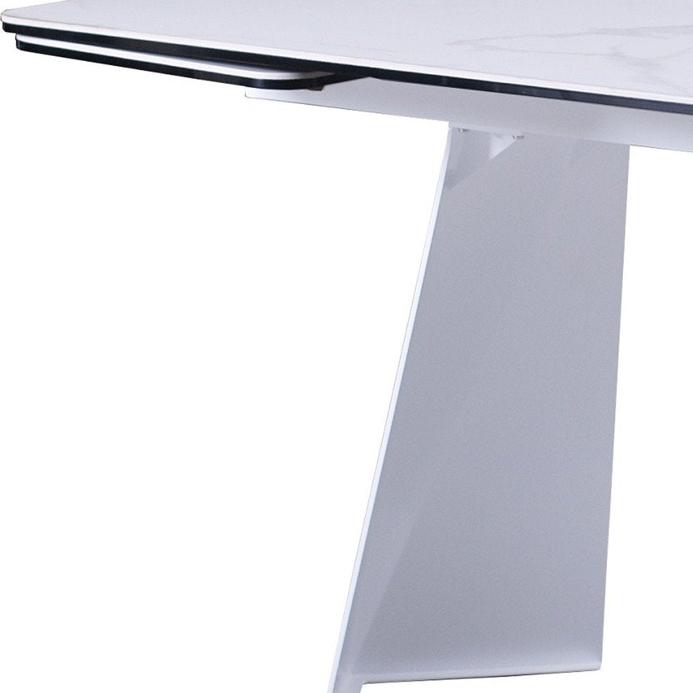 63" White Ceramic and Metal Self-Storing Leaf Pedestal Base Extendable Dining Table