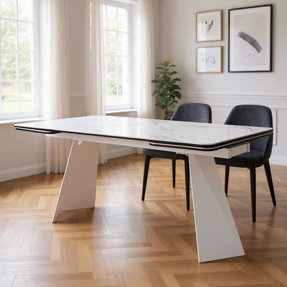 63" White Ceramic and Metal Self-Storing Leaf Pedestal Base Extendable Dining Table