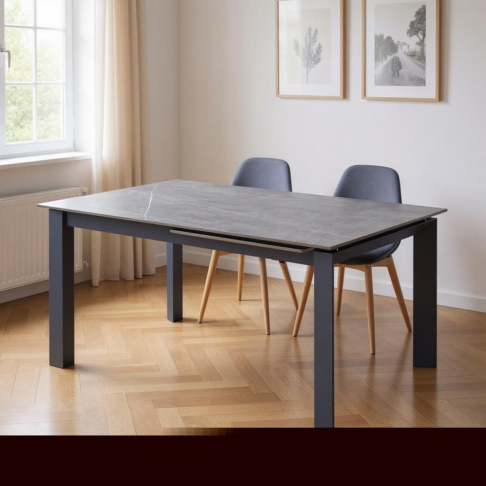 55" Gray Ceramic and Metal Self-Storing Leaf Extendable Dining Table