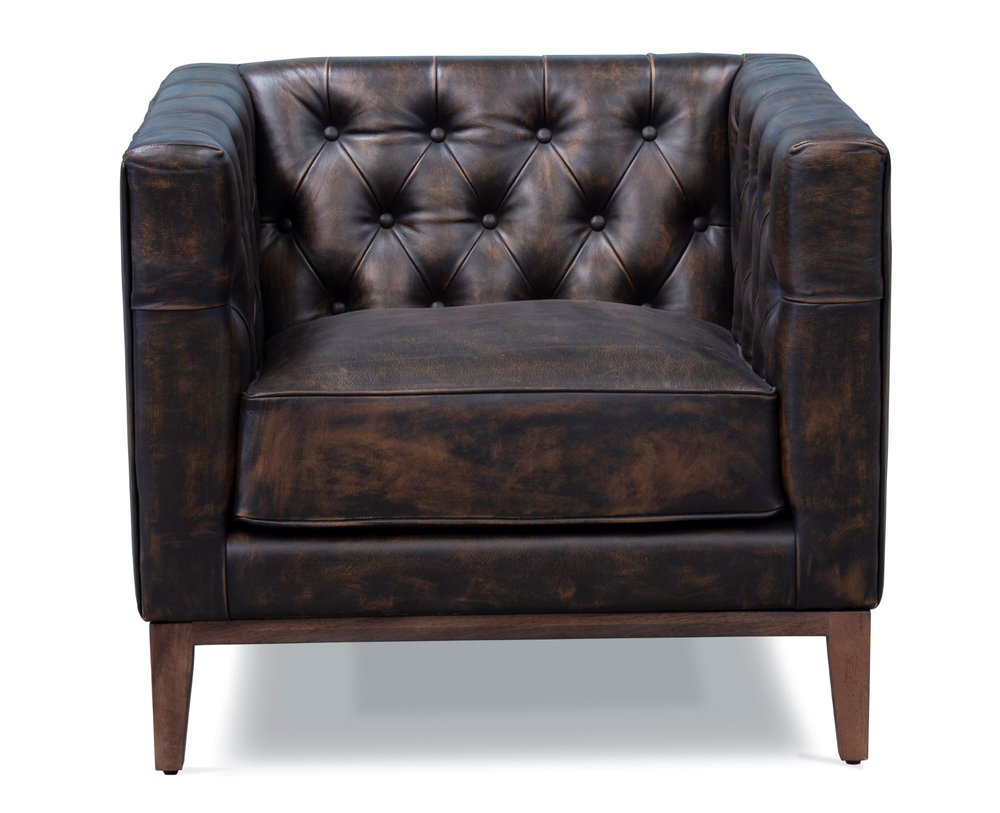 33" Brown and Black Antiqued Top Grain Leather Tufted Club Chair