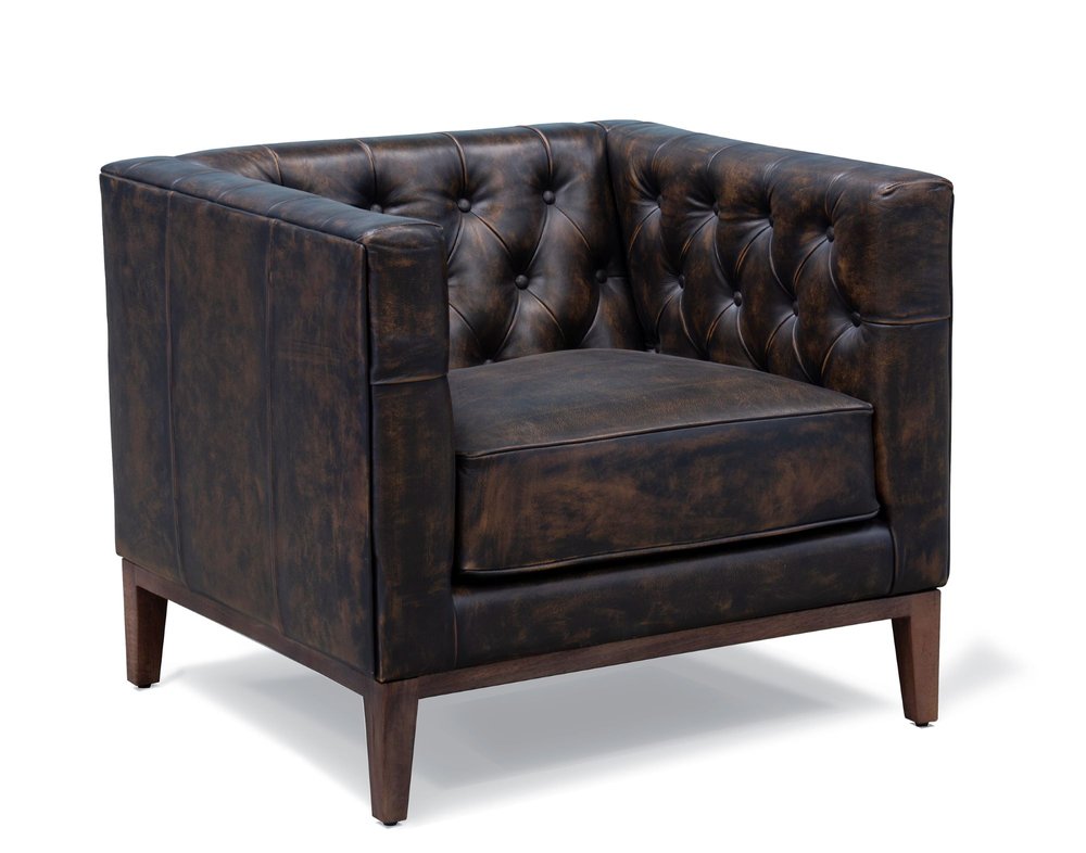 33" Brown and Black Antiqued Top Grain Leather Tufted Club Chair